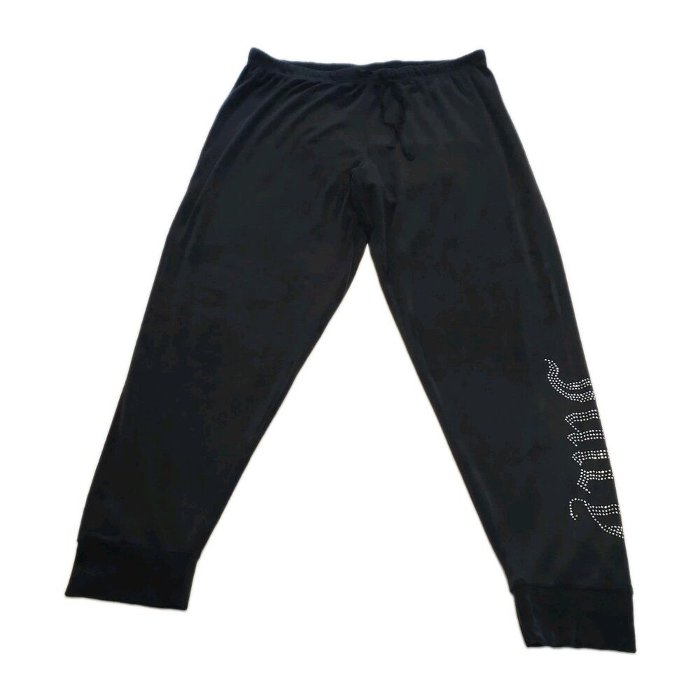 Juicy Couture Womens Sz Large Black Velour Jogger Pants Bling Logo Drawstring